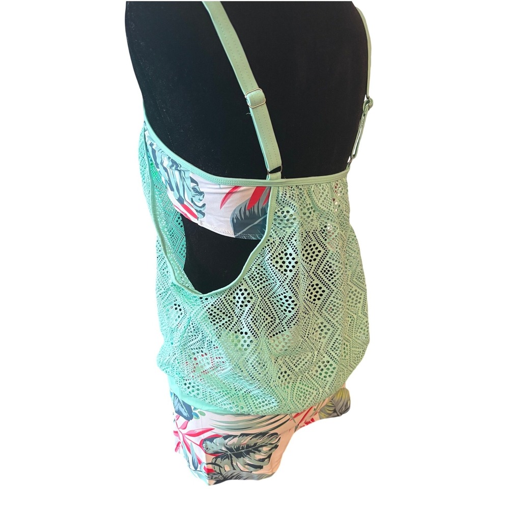 Women's Tankini Swim Set Size S Mint Green Tropical Palm Crochet Boy Shorts NWOT - Picture 5 of 10
